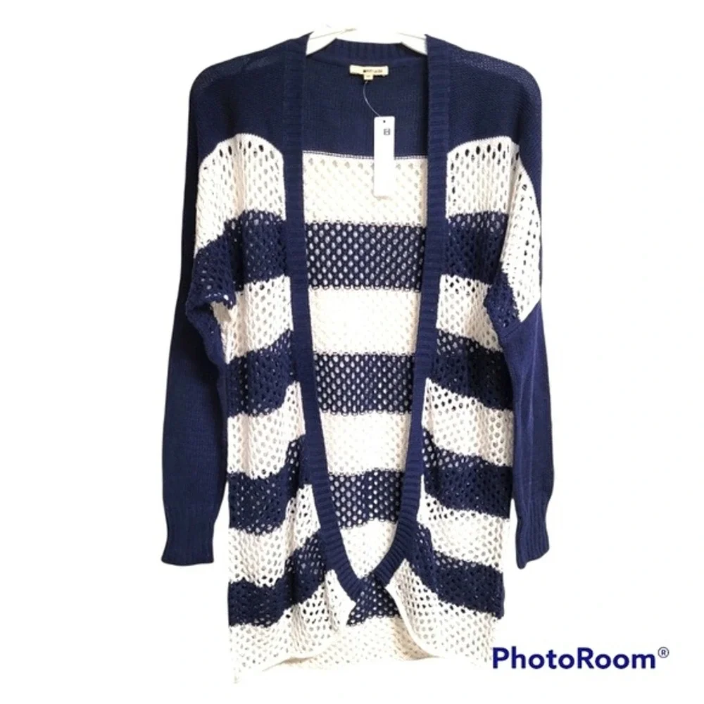 Lamade Navy Blue And White Striped Nautical Open Front‎ Knit Beachy Cardigan XS